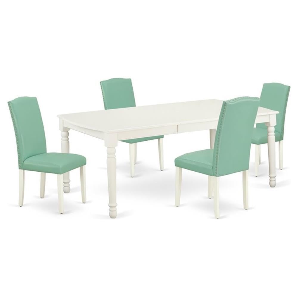 East West Furniture Doen5-Lwh-57 5 Piece Dining Table Set Includes A Rectangle Dining Room Table With Butterfly Leaf And 4 Pond Faux Leather Upholstered Chairs, 42X78 Inch, Linen White